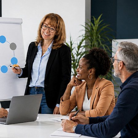 Stérenn Péresse IA - Formation management relationnel Couleurs RH Stérenn Péresse (visuel généré par IA) animant une formation en management relationnel - Couleurs RH